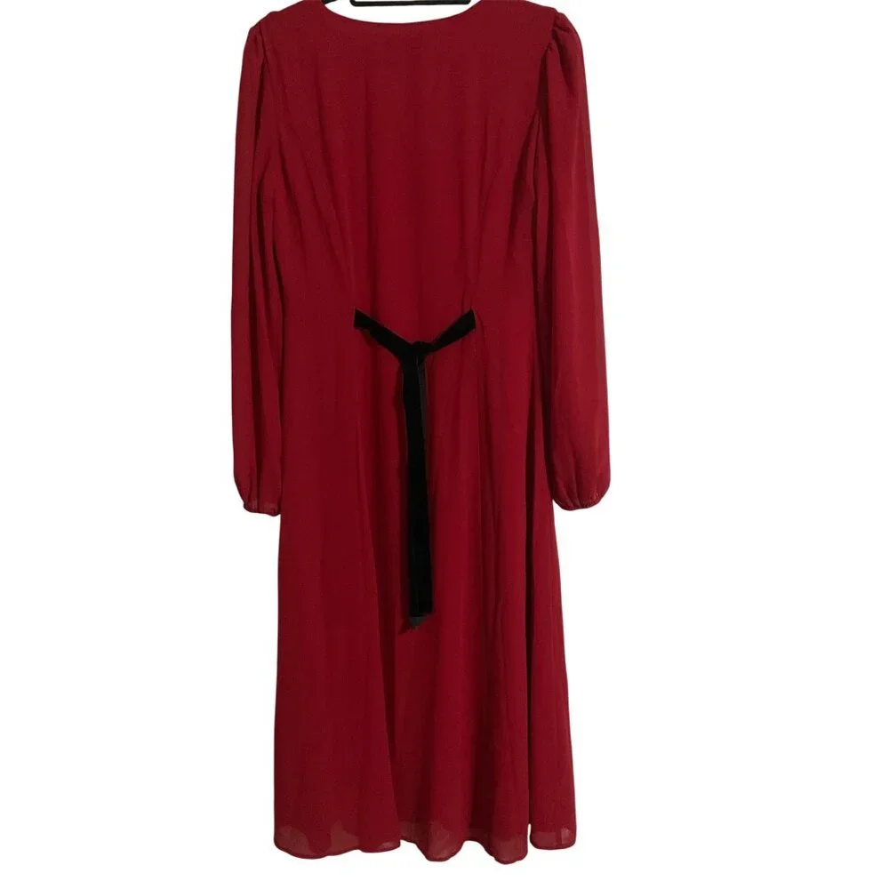 RIHOAS Women's Red V-Neck Puff Sleeve Slit Midi Dress NEW size Medium - Picture 4 of 14